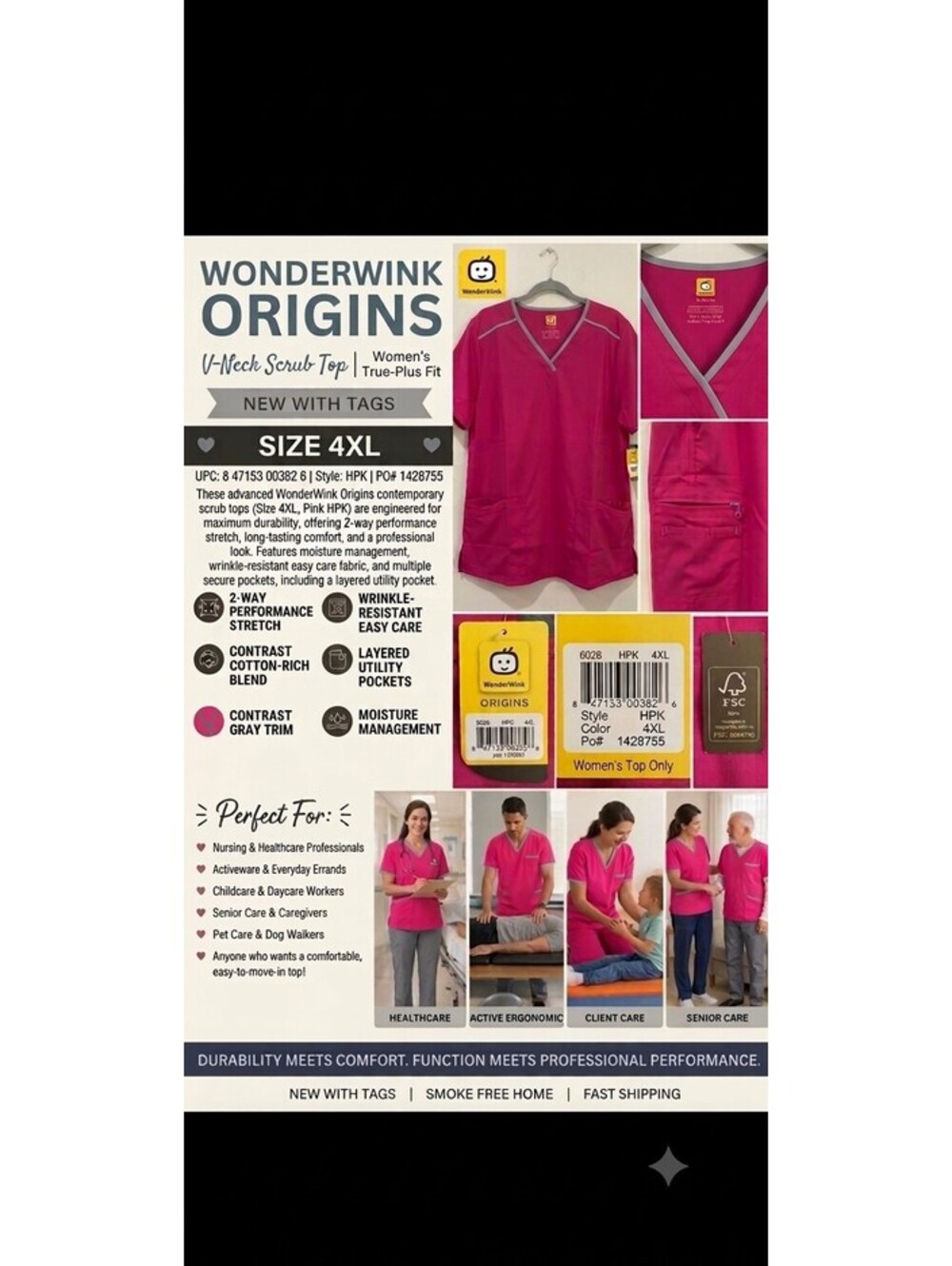 WonderWink Origins Scrub Top Womens 4XL Dark Pink With Grey Y-Neck Pockets...